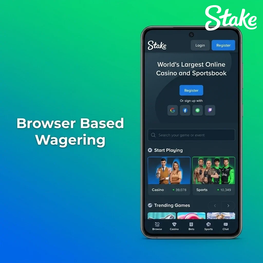 Stake browser-based wagering platform features zero storage, universal compatibility, and automatic updates.