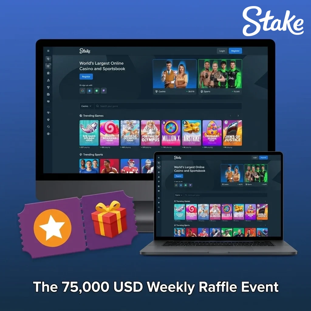 Stake Casino 75,000 USD Weekly Raffle Event offering a chance to win a share of the 62,00,000 INR prize pool.